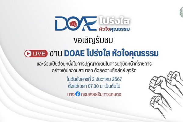 กรมส่งเสริมการเกษตร ขอเชิญรับชม Live “DOAE โปร่งใส หัวใจคุณธรรม” และร่วมเป็นส่วนหนึ่งในการปฏิญาณตนในการปฏิบัติหน้าที่ราชการอย่างเต็มความสามารถ ด้วยความซื่อสัตย์ สุจริต . ในวันอังคารที่ 3 ธันวาคม 2567 เวลา 07.30 น. เป็นต้นไป ทาง Facebook กรมส่งเสริมการเกษตร